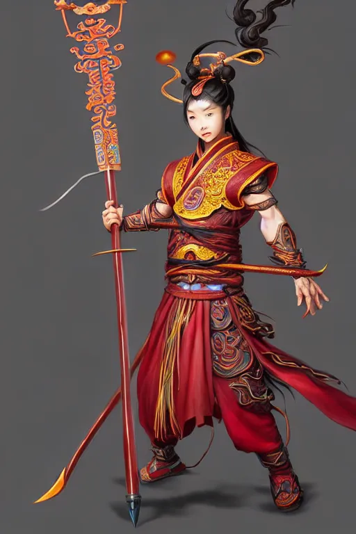 Prompt: cute nezha, highly detailed, man holding spear, flame everywhere, epic pose, masterpiece chinese fantasy character portrait, highly detailed, digital painting, trending on artstation, concept art, sharp focus, illustration, global illumination, ray tracing, realistic shaded, art by artgerm and greg rutkowski and fuji choko and viktoria gavrilenko and hoang lap