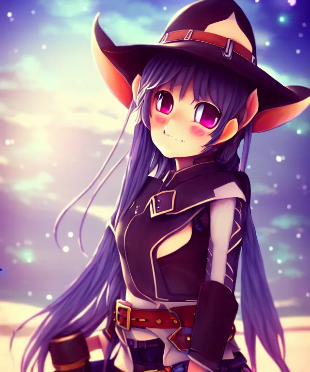 Image similar to adorable young cute anime elf girl, cowboy hat long black hair, explorer armor. symmetrical face. symmetrical detailed defined eyes. beautiful lineart. bokeh pixiv # 1 ranking depth focus, chromatic aberration, noise, soft lighting, srgb, 4 k, cinematic