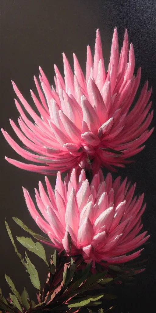 Image similar to detailed pink and white proteas against a black backdrop by ivan aivazovsky, detailed brush strokes, oil painting, artstation