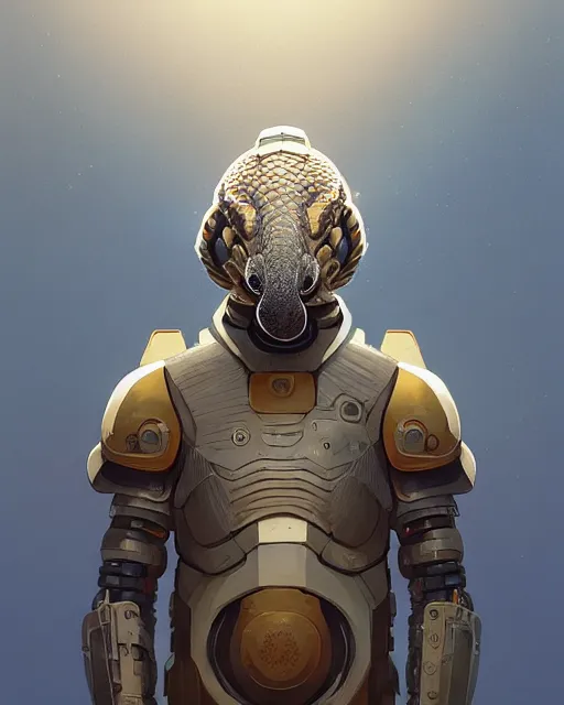 Image similar to highly detailed vfx portrait of a cyborg pangolin. wearing white and gold scaled armor. unreal engine, greg rutkowski, loish, rhads, beeple, makoto shinkai and lois van baarle, ilya kuvshinov, rossdraws, tom bagshaw, alphonse mucha, global illumination, detailed and intricate environment