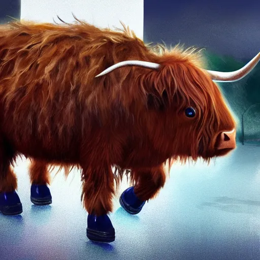 Image similar to a highland cow wearing roller skates, concept art, artstation, cinematic