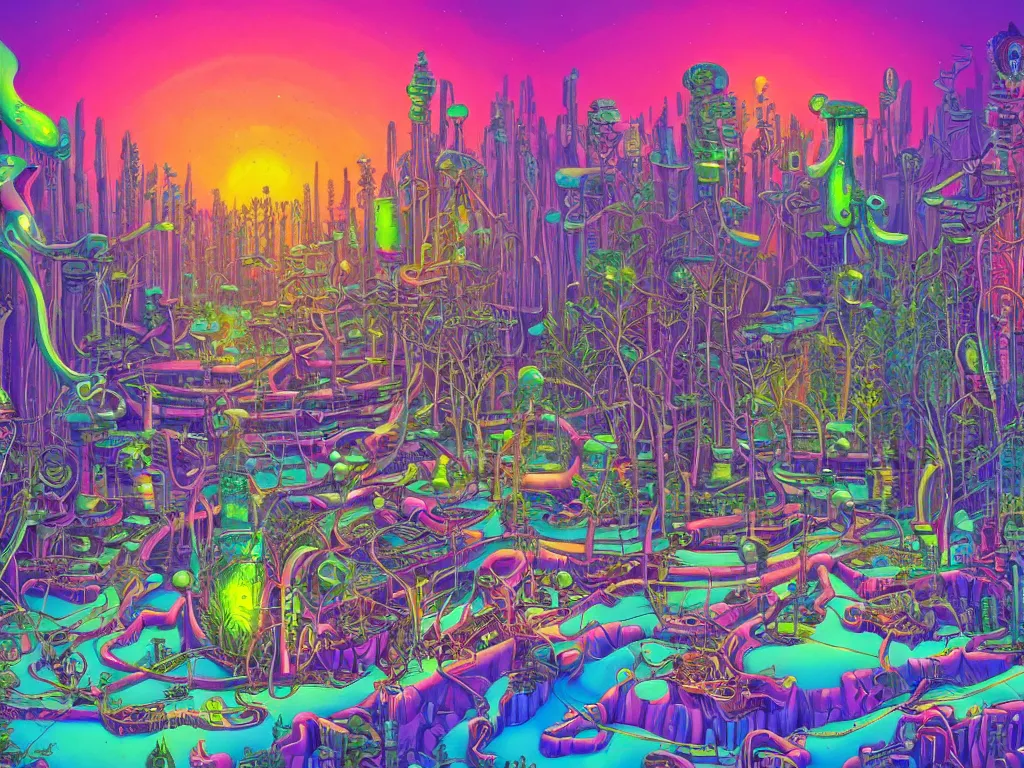 Prompt: forests,glades made of industrial raves, buildings and devices on mice on ice in the style of lisa frank and moebius, giger, ornate, beautiful, award-winning art, artstation