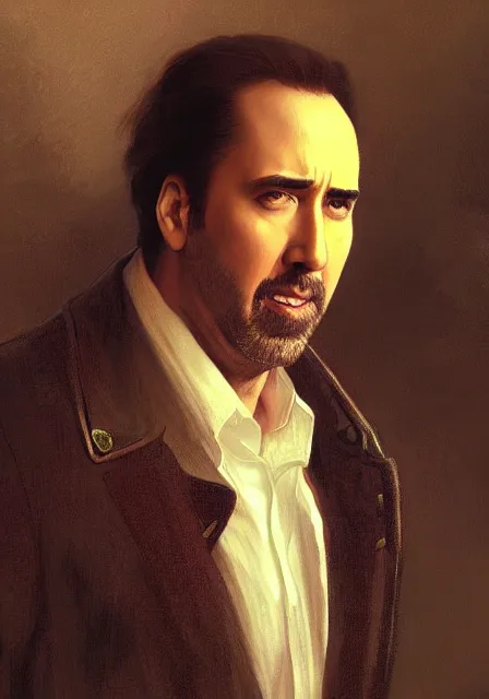 Prompt: nicholas cage, intricate, elegant, highly detailed, digital painting, artstation, concept art, smooth, sharp focus, illustration, art by artgerm and greg rutkowski and alphonse mucha and william - adolphe bouguereau