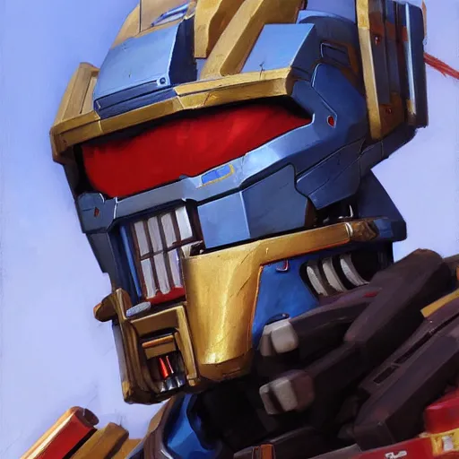 Image similar to greg manchess portrait painting of optimus prime as overwatch character, medium shot, asymmetrical, profile picture, organic painting, sunny day, matte painting, bold shapes, hard edges, street art, trending on artstation, by huang guangjian and gil elvgren and sachin teng