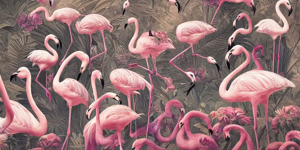 Prompt: breathtaking detailed concept art painting art deco pattern of birds, flamingos, amalmation blend of flowers and birds, by john james audubon, bizarre compositions, exquisite detail, extremely moody lighting, 8 k