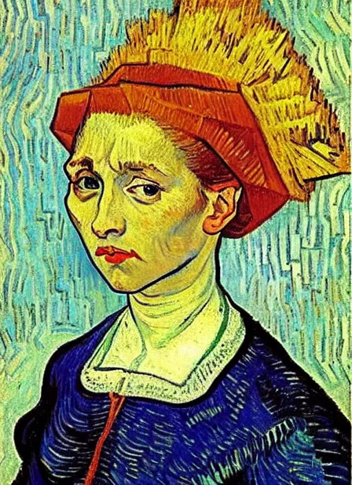 Image similar to portrait of young woman in renaissance dress and renaissance headdress, art by vincent van gogh