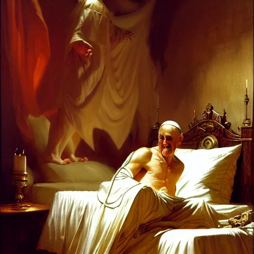 Prompt: the pope is in his bed, terrified, because a double horned shadow demon is in the wallpaper of the bedroom. highly detailed painting by gaston bussiere, j. c. leyendecker, greg rutkowski, craig mullins 8 k