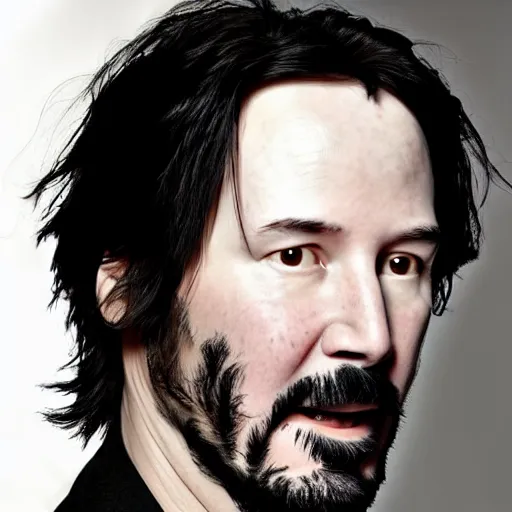 Prompt: a masterpiece portrait photo of an older keanu reeves who looks like a manic pixie dream girl mary elizabeth winstead symmetrical face