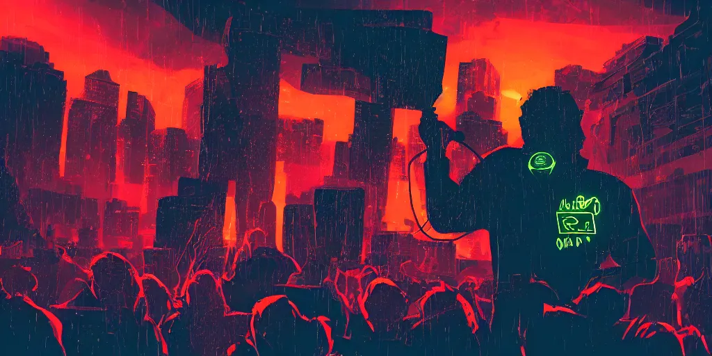 Prompt: rapping into microphone, silhouette, huge crowd, cyberpunk, hip hop, digital art, Aurora borealis, trending on Artstation, professional artist, detailed, 4k