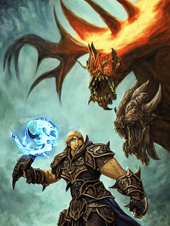 Image similar to book cover for a litrpg of a world of warcraft male elf warrior fighting a monster