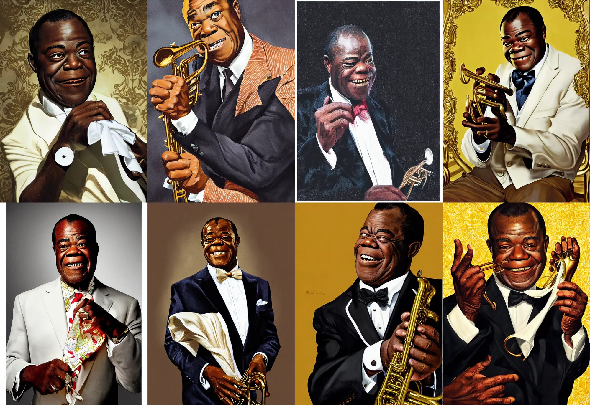 Image similar to a portrait of louis armstrong holding a white handkerchief, by kehinde wiley, dramatic lighting, highly detailed digital painting