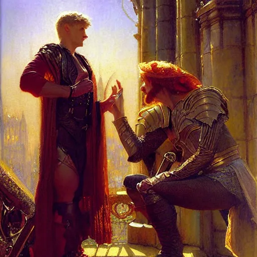 Image similar to attractive, arthur pendragon in love with attractive male, merlin the mage. highly detailed painting by gaston bussiere, craig mullins, j. c. leyendecker