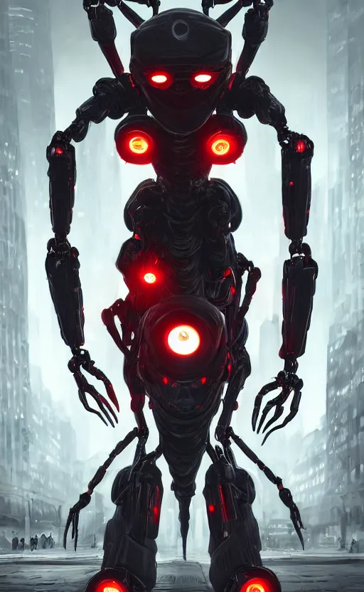 Image similar to a robot humanoid spider in a city, with 4 arms with claws, glowing red eyes, in a black carbon and red fiber armor, smiling creepily, dynamic lighting, photorealistic fantasy concept art, trending on art station, stunning visuals, creative, cinematic, ultra detailed