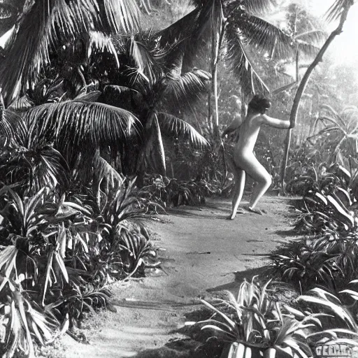 Image similar to a rizom lost film footage of a 3 d volume in the middle of the tropical jungle / tropicalism / tropicalism / tropicalism / film still / cinematic / enhanced / 1 9 2 0 s / black and white / grain