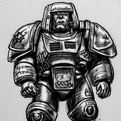 Prompt: an angry looking space marine sits in a pub drinking beer, sketchbook, pencil, thin strokes, highly detailed