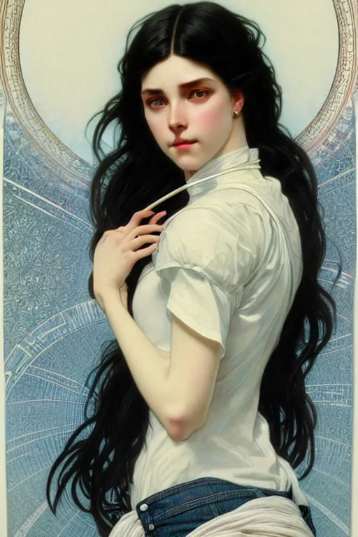 Image similar to ultra realistic, Beautiful black haired woman, Porcelain white complexion, big blue eyes, cute small lips., wearing jeans and white blouse, whip in hand, intricate details, eerie, highly detailed, octane render, 8k, art by artgerm and alphonse mucha and greg rutkowski