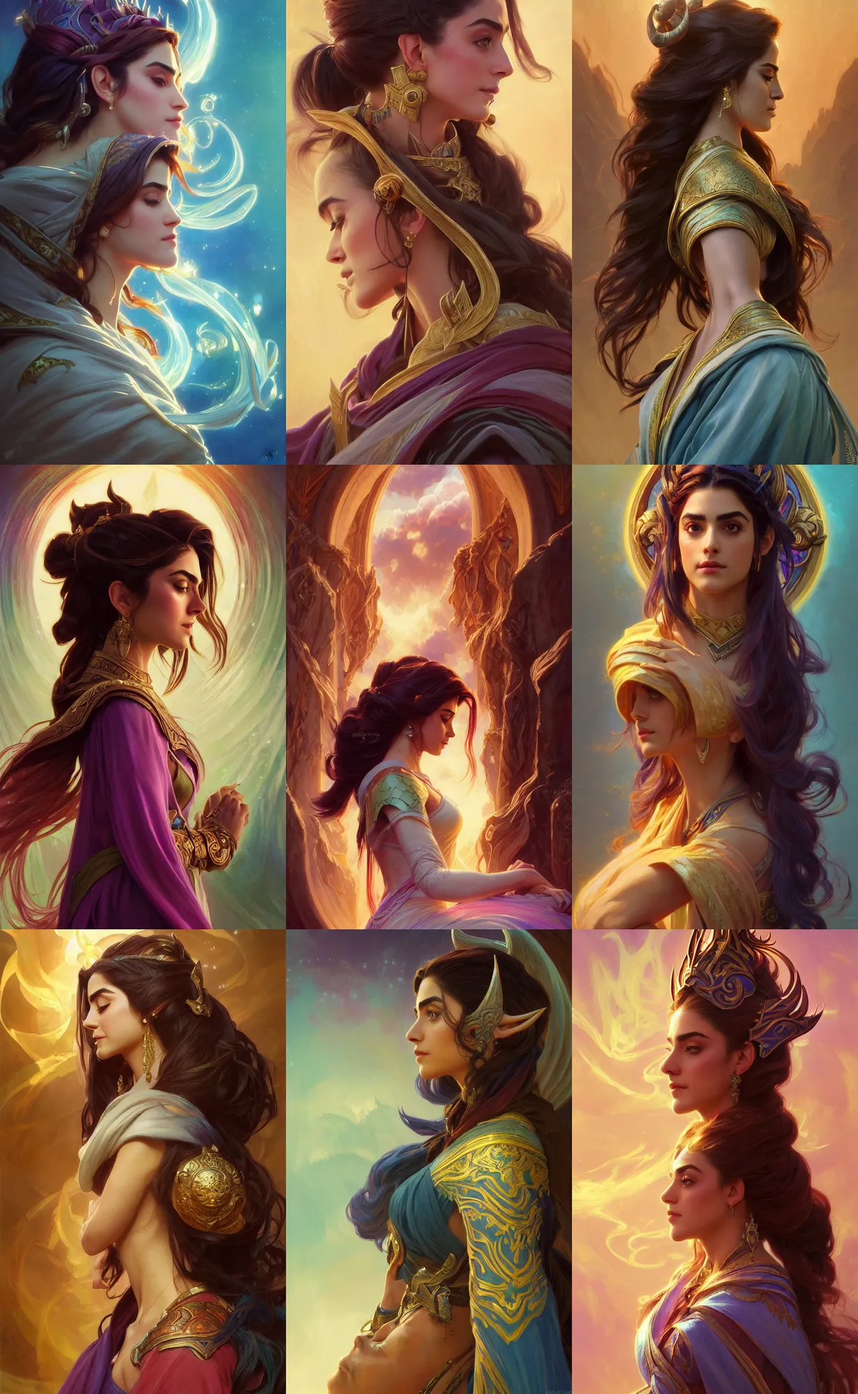 Prompt: side profile, maya ali, wind sorcerer, warcraft, robes, elegant, highly detailed, concept art, smooth, sharp focus, luminescent, colorful swirly magic ripples, pastel colors, artstation, spiritual art, art by artgerm and greg rutkowski and alphonse mucha, psychedelic