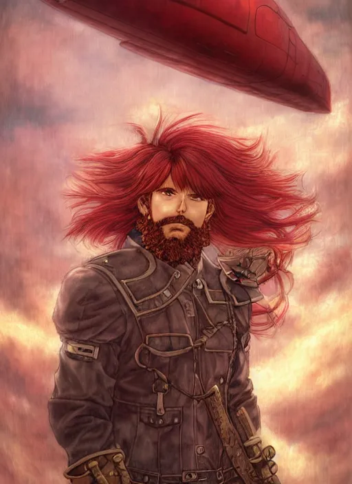 Image similar to prompt : ragnarok online portrait soft light painted by james jean and katsuhiro otomo and erik jones, inspired by akira anime, epic fantasy, a long red haired, red bearded male sky - pirate smirking whilst standing in front of an airship, intricate oil painting, high detail illustration, sharp high detail, manga and anime 1 9 9 9