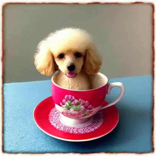 Image similar to cute poodle sitting inside a tea cup, realistic