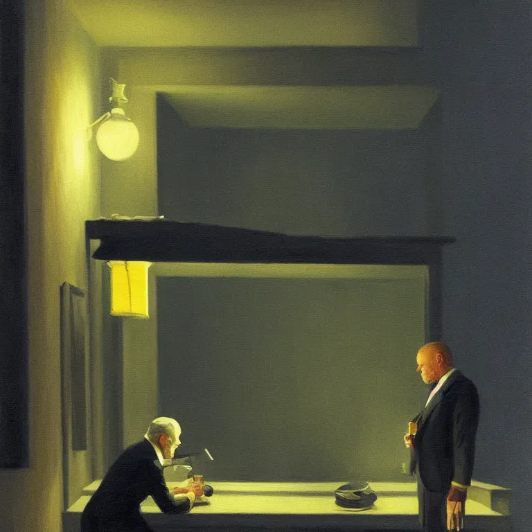 Prompt: a storybook illustration of anthony hopkins smoking at night, fireflies, quiet night scene painted by Edward Hopper masterpiece, intricate, elegant, fantasy, highly detailed, digital painting, concept art, sharp focus, artstation