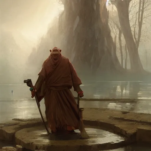 Image similar to anthropomorphic hippopotamus humanoid monk by greg rutkowski, water temple, winter, fantasy