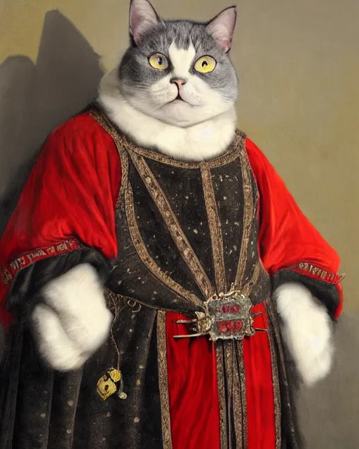 Image similar to fat gray cat with yellow eyes dressed like henry viii, tudor period clothing in scarlet gold and black, royal robes, greg rutkowski, royal portrait, painting