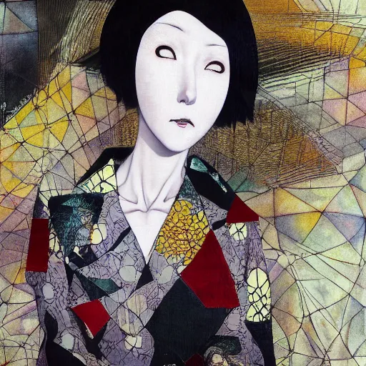 Image similar to yoshitaka amano blurred and dreamy realistic three quarter angle portrait of a woman with white hair and black eyes wearing dress suit with tie, junji ito abstract patterns in the background, satoshi kon anime, noisy film grain effect, highly detailed, renaissance oil painting, weird portrait angle, blurred lost edges