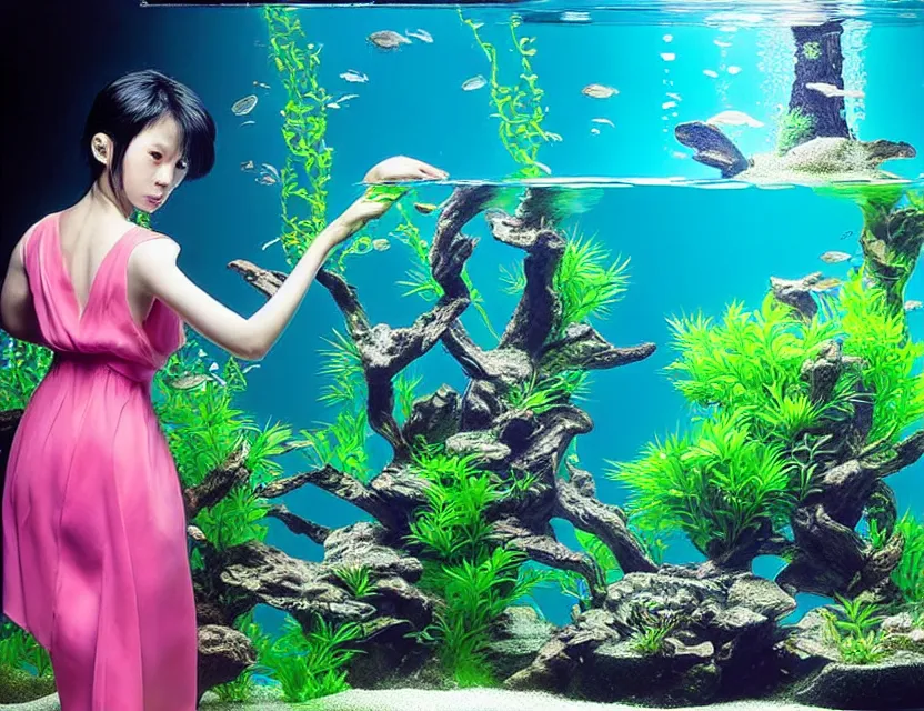 Prompt: southeast asian scifi alchemist in an aquascaped freshwater aquarium, wearing a lovely dress with vaporwave elements. this oil painting by the award - winning mangaka has an interesting color scheme and impeccable lighting.