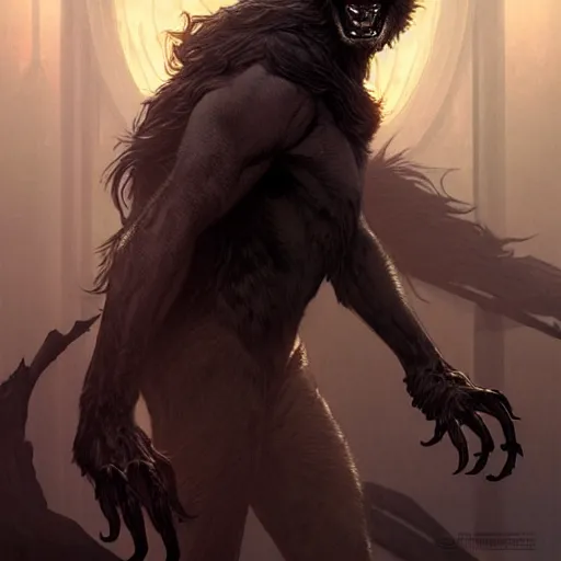 Image similar to cinematic scene werewolf king, intricate, elegant, highly detailed, digital painting, artstation, concept art, smooth, sharp focus, illustration, thriller atmosphere, art by artgerm and greg rutkowski and alphonse mucha