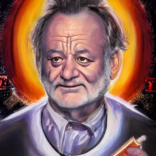 Prompt: epic close up portrait painting of bill murray in ghostbuster depicted like a saint in a orthodox icon, ornate, very beautiful, concept art, realistic painting, 8 k, hd,