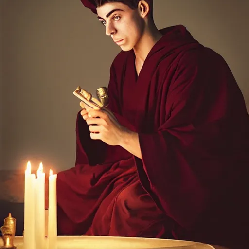 Prompt: attractive kai havertz wearing monk robes holding candlestick. natural lighting by ruan jia, portrait