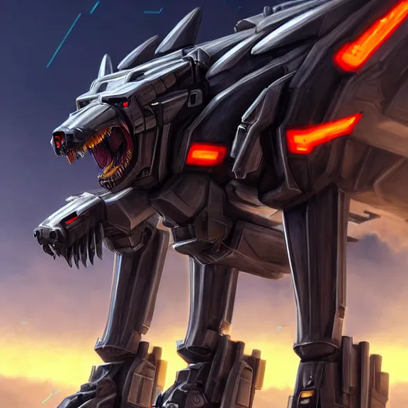 Image similar to hyper realistic, epic, highly detailed cinematic full body shot of a gigantic feral mecha canine, sharp metal claws, cannon mounted on back, sleek armor, glowing visor, destroying city, digital art, furry art, dragon art, zoids art, furaffinity, deviantart, sofurry