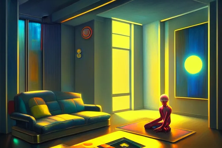 Prompt: chill apartment 🛸🌈, futuristic, neon god of city, in the style of margaret keane, moebius, tom bagshaw, and waterhouse, cinematic lighting, golden ratio, beautiful, elegant, oil painting,