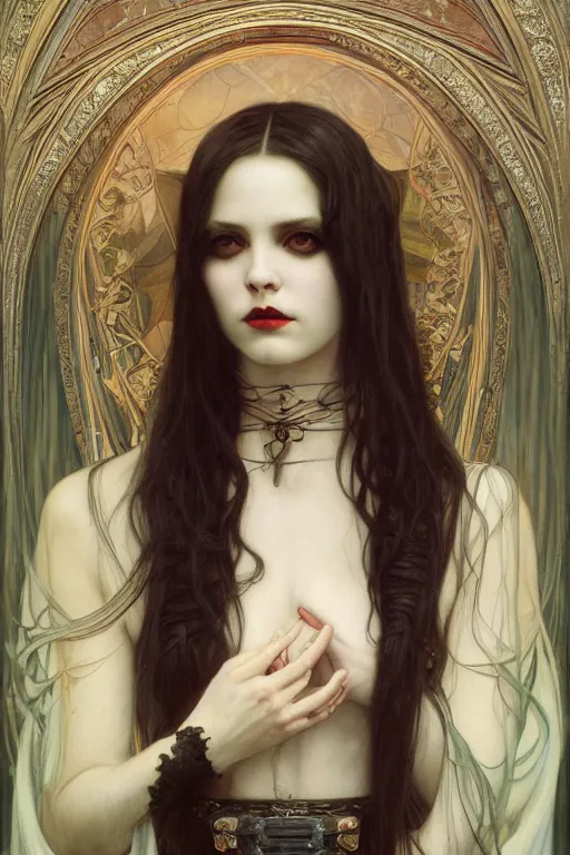 Image similar to masterpiece painting of beautiful vampire girl by donato giancola, h. r. giger and tom bagshaw, face by artgerm and edmund leighton, background by james jean and alphonse mucha, 8 k, gothic horror, majestic, volumetric lighting, porcelain skin, art deco, trending on pixiv