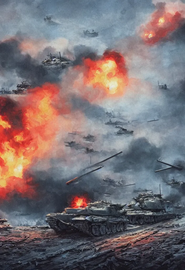 Prompt: handmade illustration of an epic World War II war scene in the winter with nazi and soviet tanks, some smoke and fire, blue sky with dramatic clouds, line art, ballpoint, oil on canvas by Kilian Eng and by Jake Parker, heavy brushstrokes, winning-award masterpiece, fantastic, octane render, 8K HD Resolution, High quality image