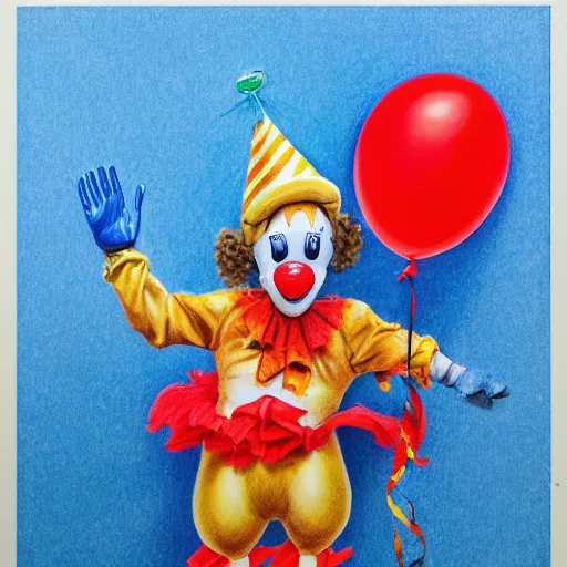 Image similar to Colored pencil art on paper, Clown with balloons fully body portrait, highly detailed, artstation, MasterPiece, Award-Winning, Caran d'Ache Luminance