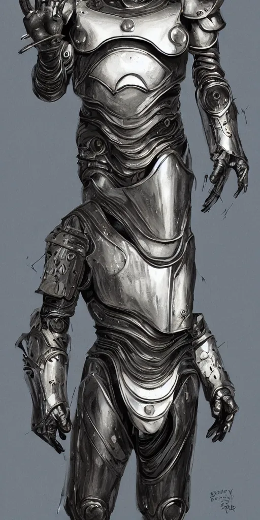 Image similar to powerful male tin man, willem dafoe as tinman, full body character concept, covered in full metal armor, art nouveau, super powers, fantasy, intricate, elegant, highly detailed, digital painting, artstation, concept art, shining, sharp focus, illustration, art by stanley lau