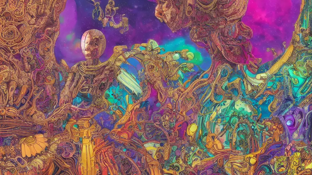 Image similar to colorful and vivid character sheet for an extraterrestrial with large bulbous head, religious robes, retrofuture, high contrast, wayne barlow, ernst haeckel, fantastic planet, moebius, valerian, coherent, illustration, digital art, trending on artstation, hd, 8 k, good lighting, beautiful, rough paper, masterpiece