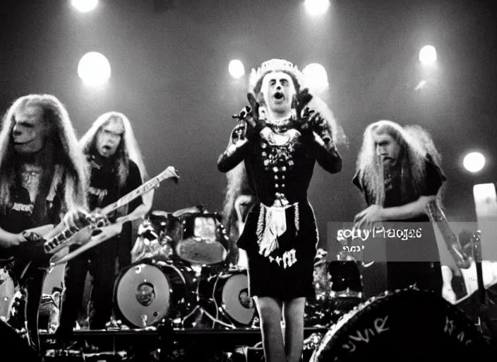 Image similar to publicity photo still of queen elizabeth in a death metal band playing live on stage, 8 k, live concert lighting, mid shot