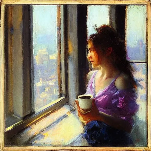 Image similar to “ girl holding a cup of coffee leaning out of a window overlooking the east village, morning light, by daniel gerhartz ”