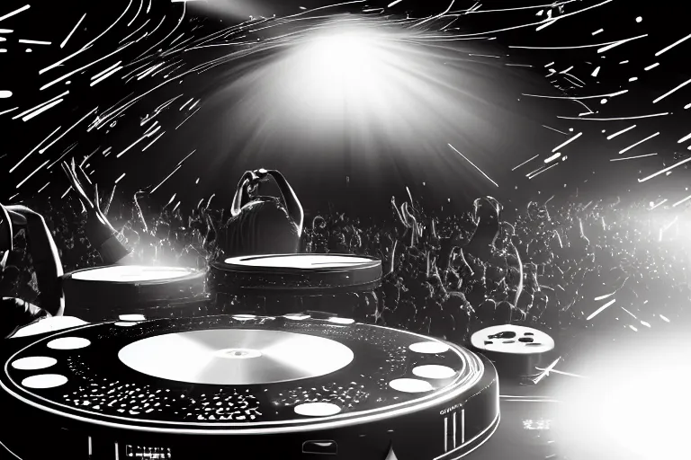 Prompt: beautiful digital art of a dj on stage spinning records with headphones looking over crowd dancing at a club by mobius, silhouette, volumetric lighting, haze, moving heads light beams, spot lights, disco ball, trending on artstation, 4k, unreal engine, intricate, ornate