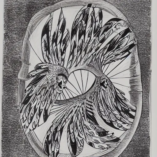 Image similar to an opened spiral with three flying birds, representing liberty, ink, black watercolour