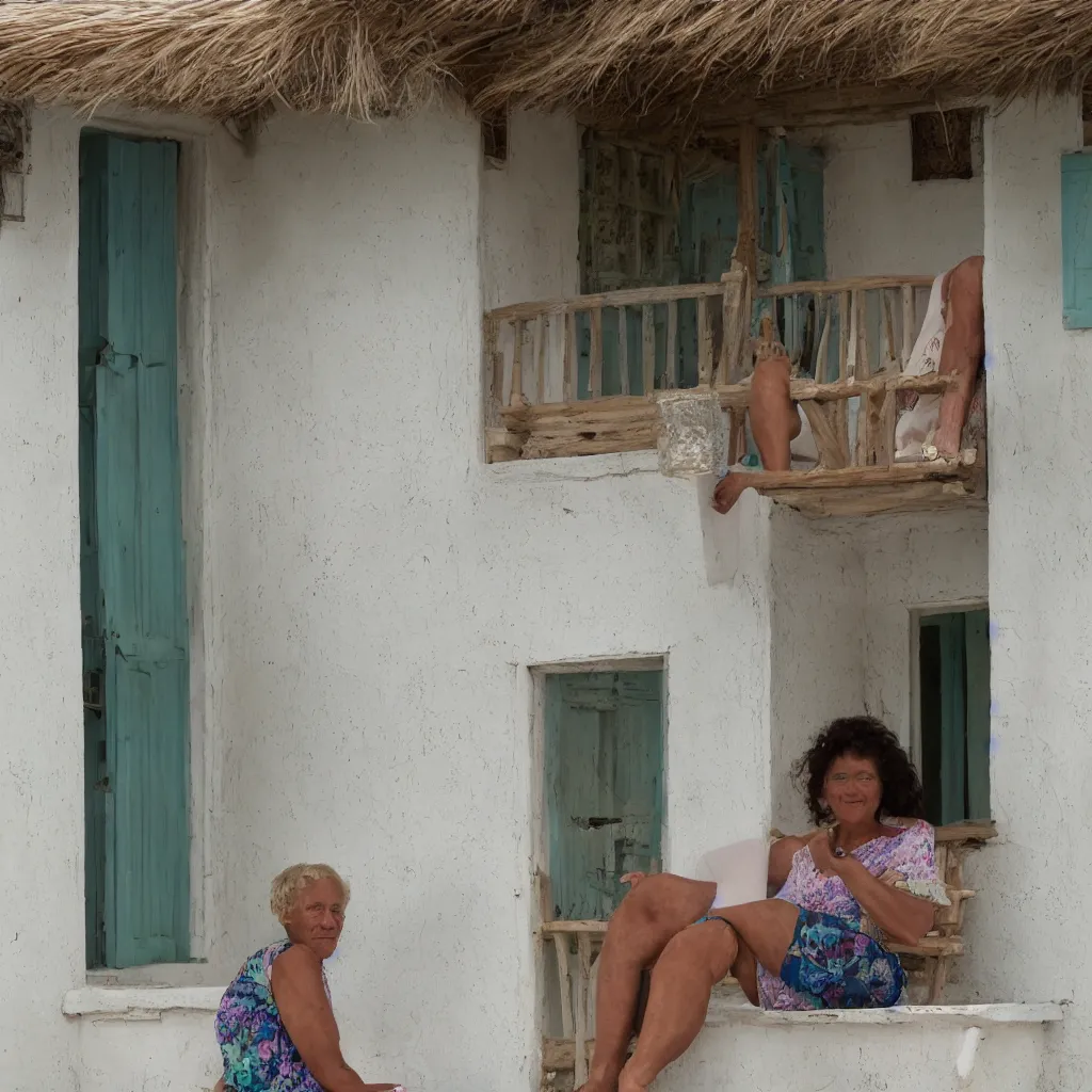 Image similar to a beautiful woman with freckles sitting on the porch of a one-story house in the caribbean watching the sea, realistic, clea