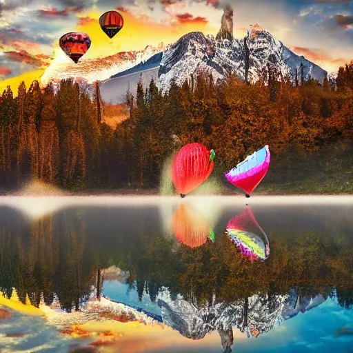 Image similar to photo of two black swans touching heads in a beautiful reflective mountain lake, a colorful hot air balloon is flying above the swans, hot air balloon, intricate, 8k highly professionally detailed, HDR, CGsociety