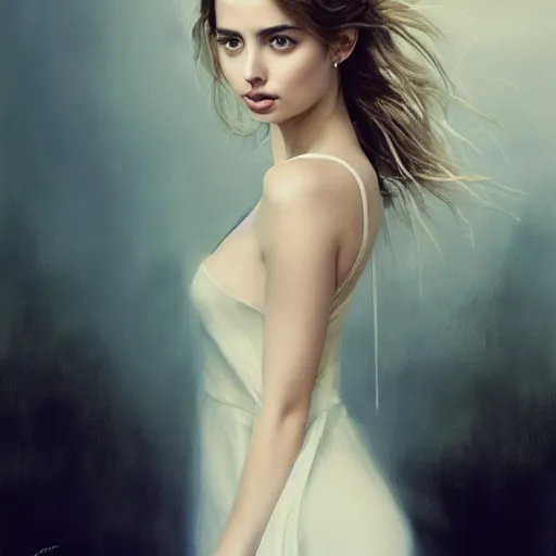 Image similar to portrait of beautiful happy young ana de armas wearing a beautiful silky white dress, painted by greg rutkowski, stanley artgerm, igor kieryluk, coherent, hyper realistic