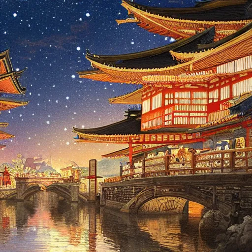 Image similar to view from the river of a beautiful painting of the lantern festival in a town resembling old kyoto and old town prague, at night with a sky full of stars, intricate, elegant, highly detailed, digital painting, artstation, concept art, by krenz cushart and artem demura and alphonse mucha