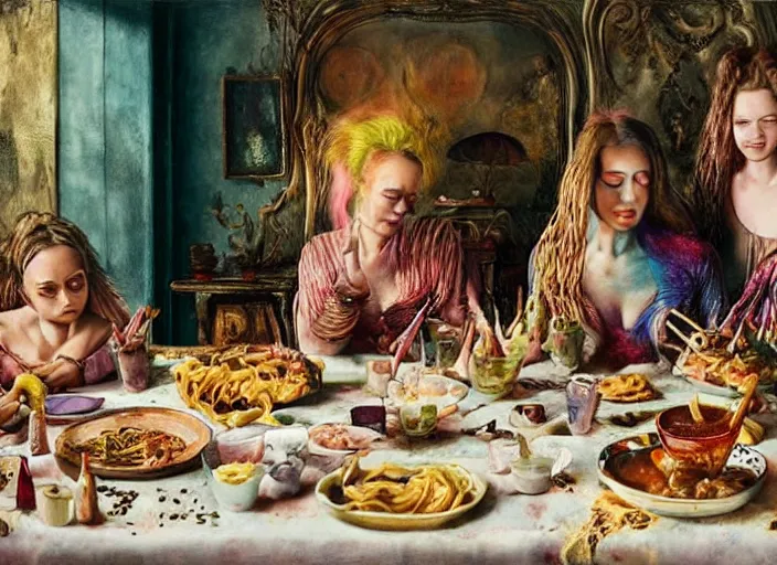 Prompt: hyper realistic detailed painting of a heavy tattooed maggot unicorn family in baroque clothes in mid 70s italian restaurant eating pasta and pepperoni pizza with roasted rainbow and sipping on a doom juice by Andrei Tarkovsky, Adrian Ghenie, Storm Thorgerson, and Beeple, semi naive, rich deep colors, Hilma af Klint color palette, cinematic, very coherent symmetrical artwork, cinematic, hyper realism, high detail, 8k, last supper composition, octane render. Beksinski painting, part by Adrian Ghenie and Greg Hildebrandt. art by Neo Rauch. masterpiece