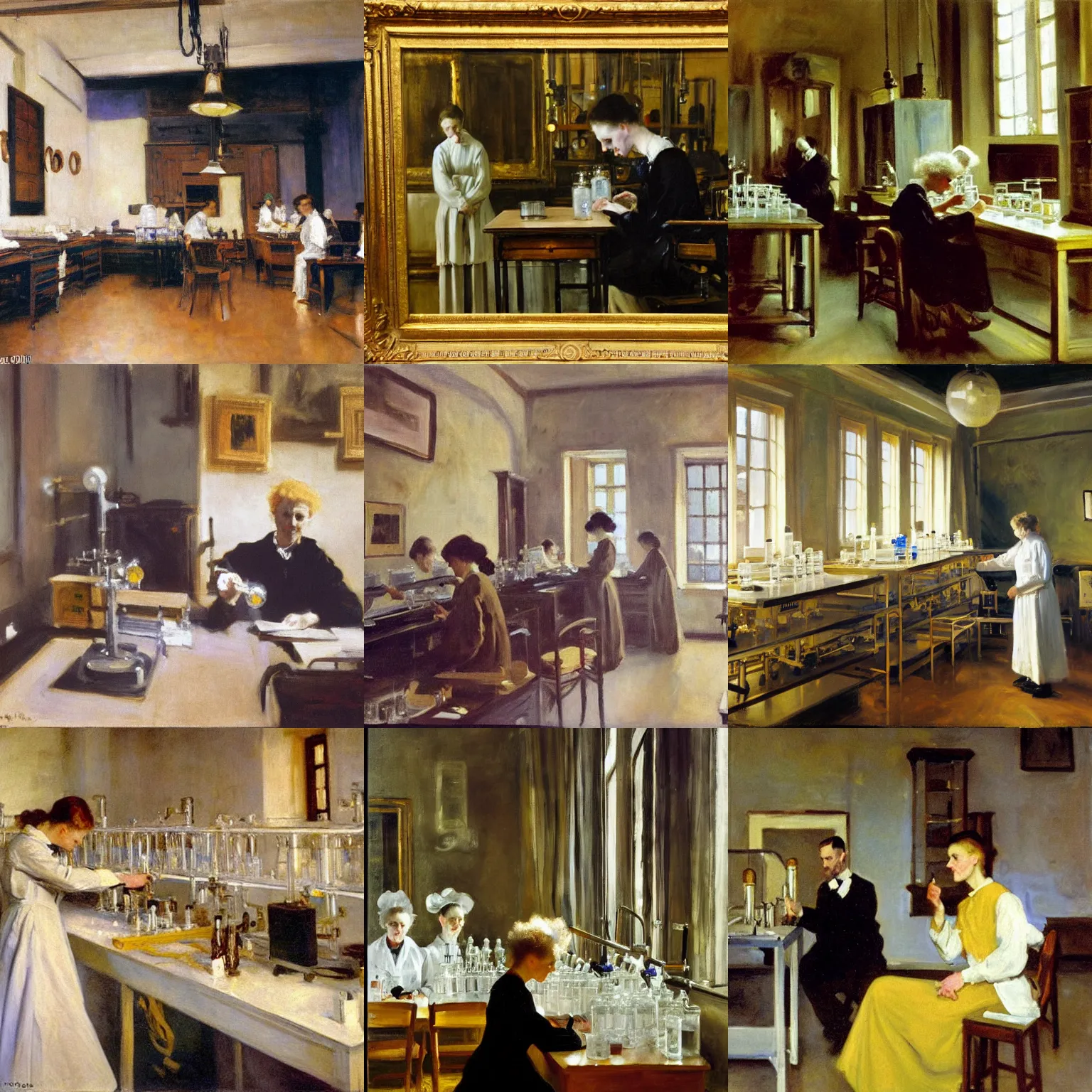 Prompt: marie curie chemistry laboratory, john singer sargent, oil on canvas