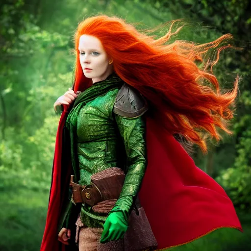 Prompt: a beautiful redheaded dnd sorceress wearing a green cloak, high resolution film still, 8k, HDR colors
