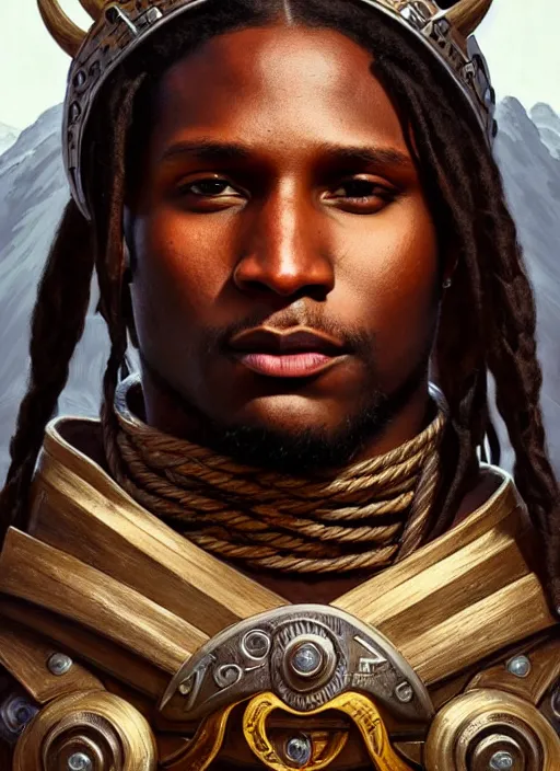 Prompt: portrait of asap rocky as a viking, intricate, headshot, highly detailed, digital painting, artstation, concept art, sharp focus, cinematic lighting, illustration, art by artgerm and greg rutkowski, alphonse mucha, cgsociety